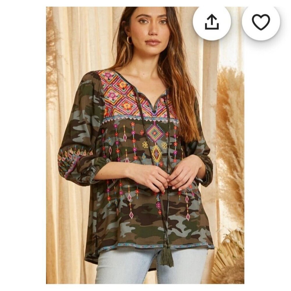 SAVANNA JANE Women's Embriodered Tassel Geometric Print Boho Tassel Tunic Sz S